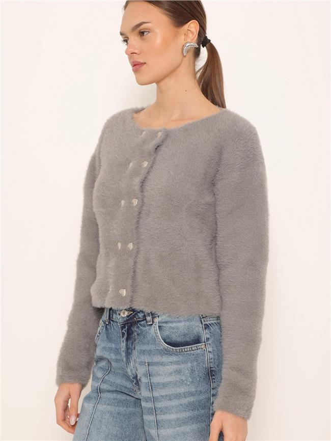 Kalp Düğmeli Yumoş Hırka Gri