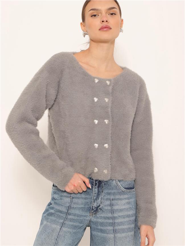 Kalp Düğmeli Yumoş Hırka Gri