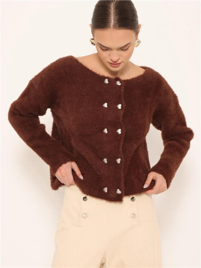 Kalp Düğmeli Yumoş Hırka Kahve