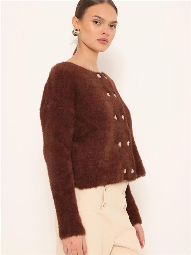 Kalp Düğmeli Yumoş Hırka Kahve