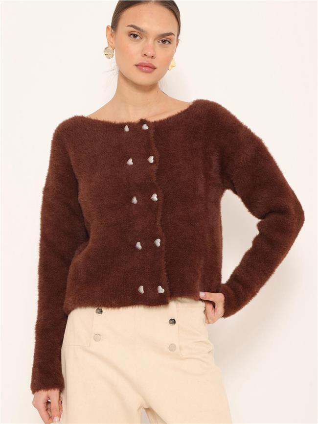 Kalp Düğmeli Yumoş Hırka Kahve