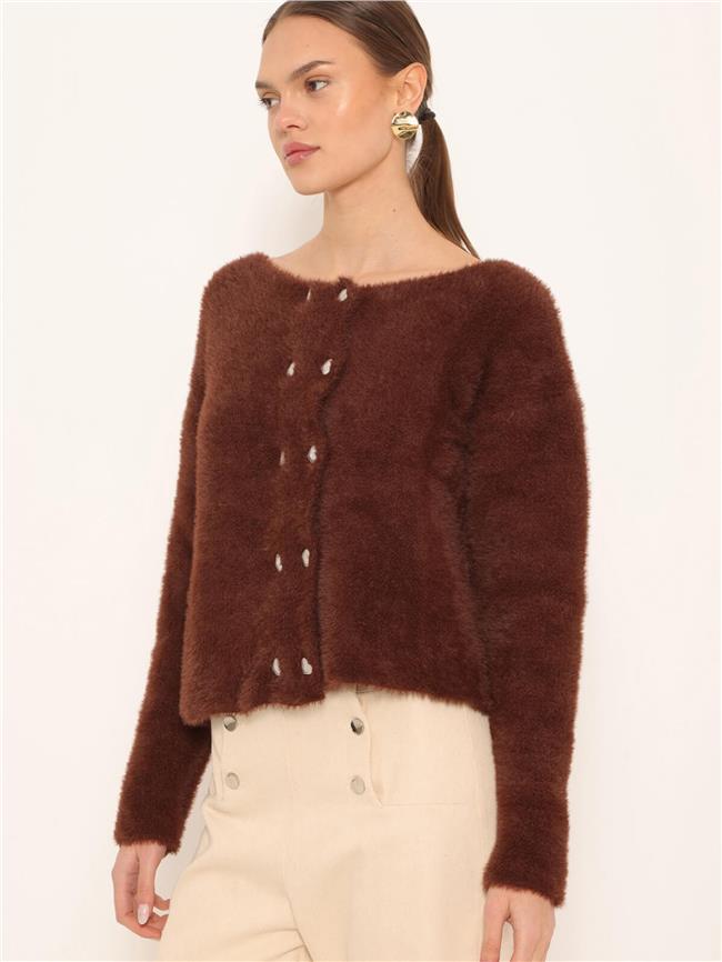 Kalp Düğmeli Yumoş Hırka Kahve