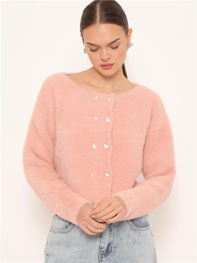 Kalp Düğmeli Yumoş Hırka Pudra