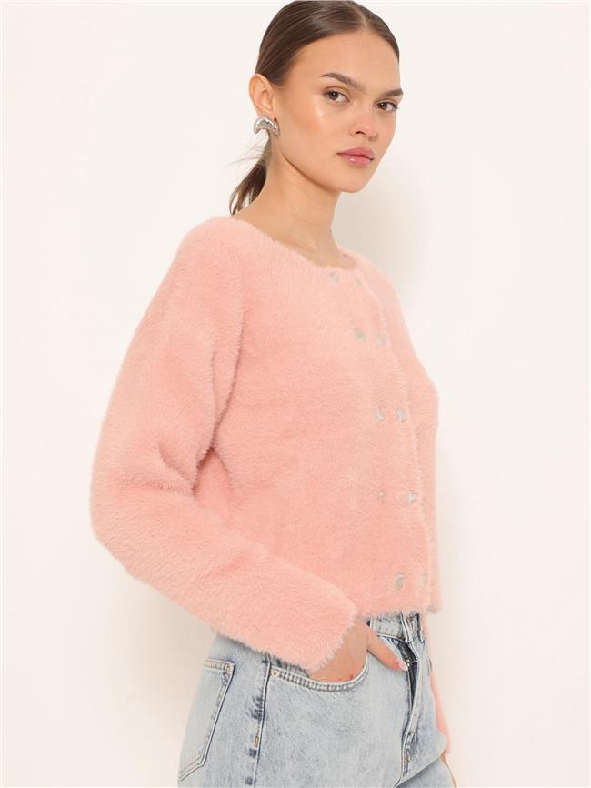 Kalp Düğmeli Yumoş Hırka Pudra