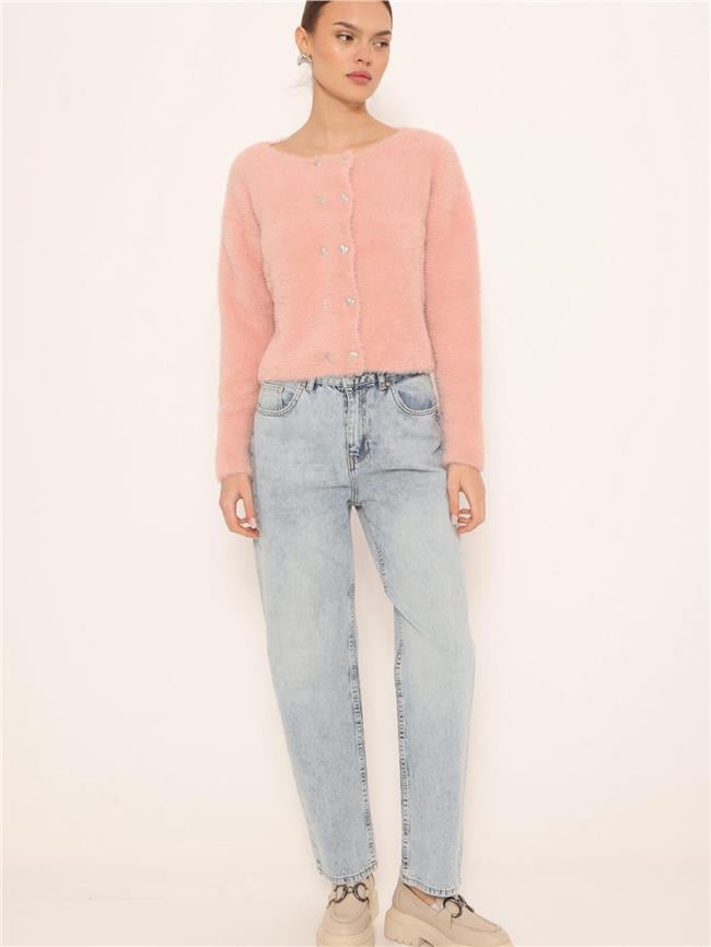 Kalp Düğmeli Yumoş Hırka Pudra