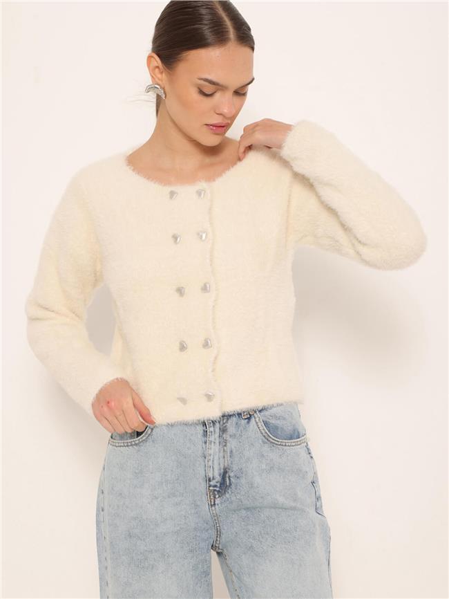 Kalp Düğmeli Yumoş Hırka Vanilya