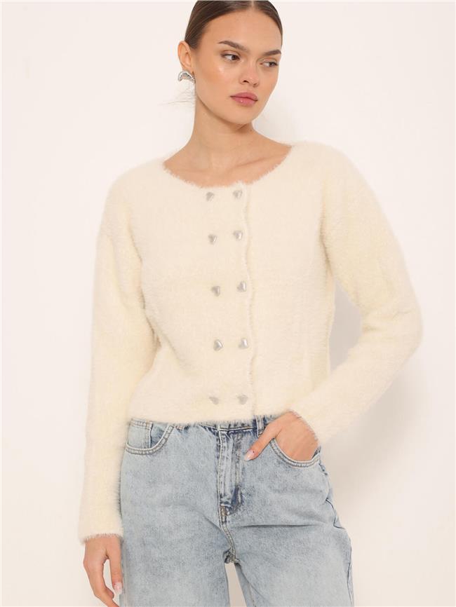 Kalp Düğmeli Yumoş Hırka Vanilya