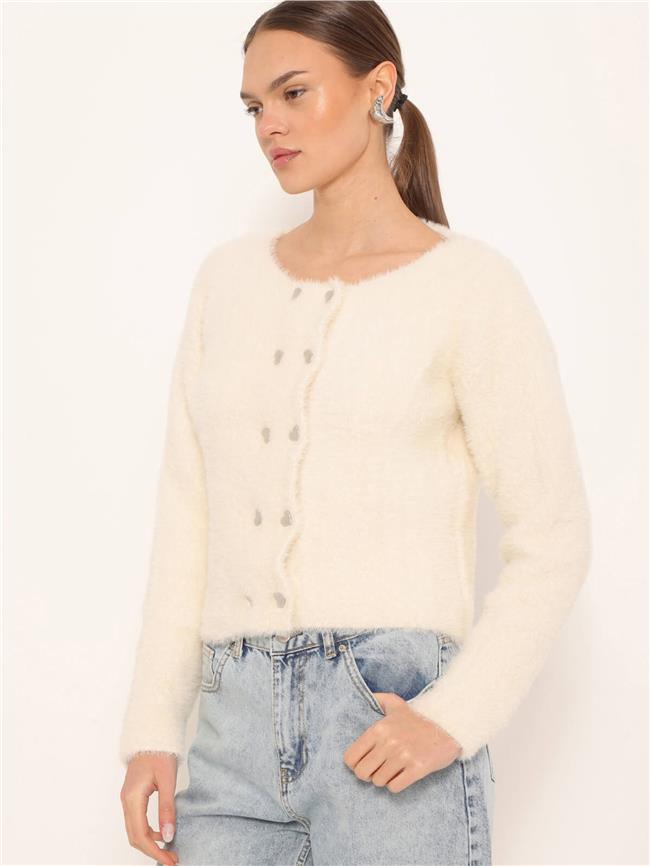 Kalp Düğmeli Yumoş Hırka Vanilya