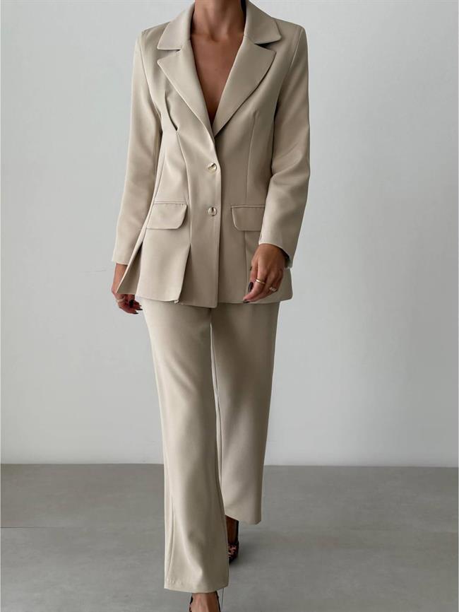 Kapaklı Cep Detaylı Ceket Pantolon Takım 11874 Bej