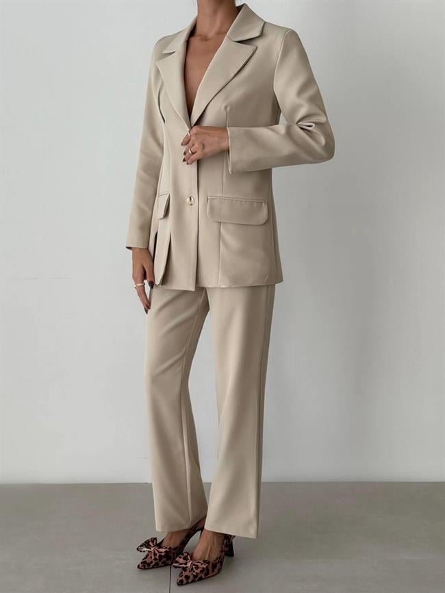 Kapaklı Cep Detaylı Ceket Pantolon Takım 11874 Bej