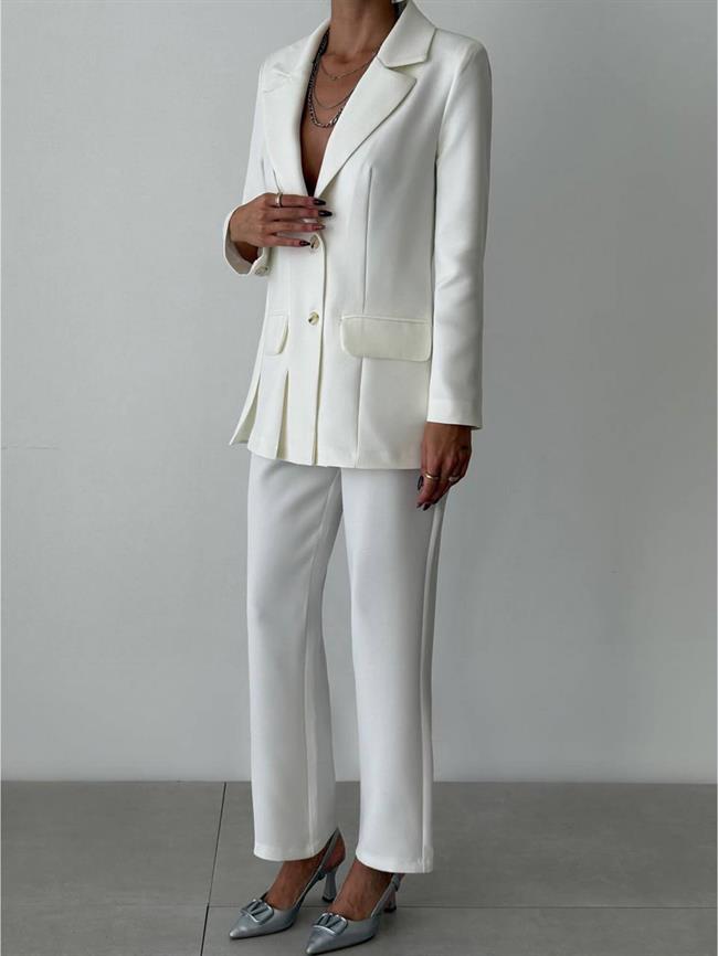 Kapaklı Cep Detaylı Ceket Pantolon Takım 11874 Beyaz