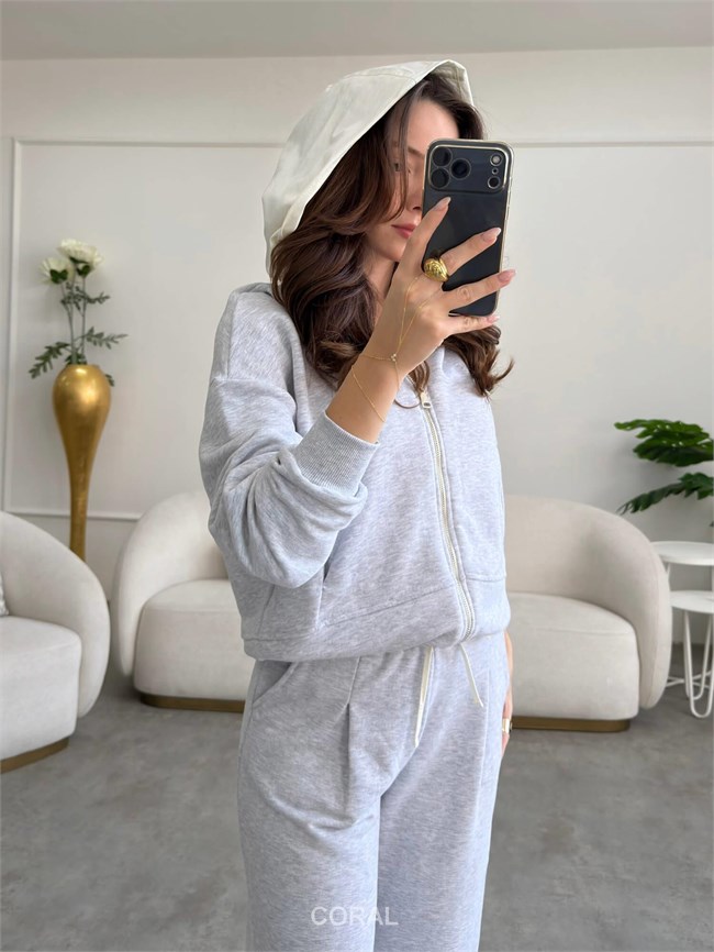 Kapüşon Detaylı Fermuarlı Sweatshirt 19021 Gri
