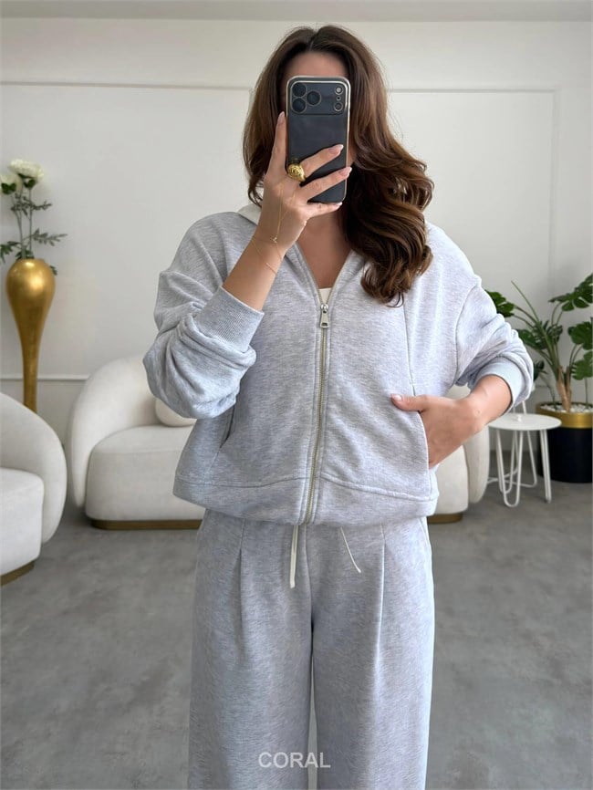 Kapüşon Detaylı Fermuarlı Sweatshirt 19021 Gri