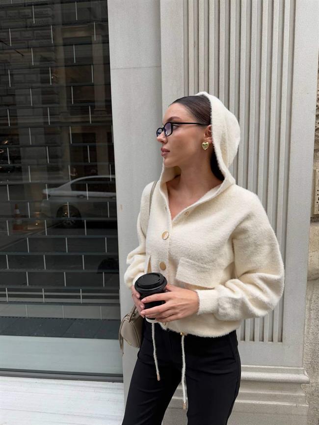 Kapüşonlu Düğmeli Yumoş Hırka 14944 Vanilya