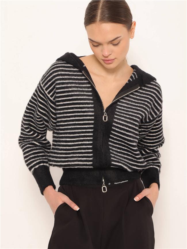 Kapüşonlu Fermuarlı Çizgili Hırka Siyah - Vanilya