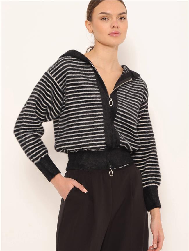 Kapüşonlu Fermuarlı Çizgili Hırka Siyah - Vanilya