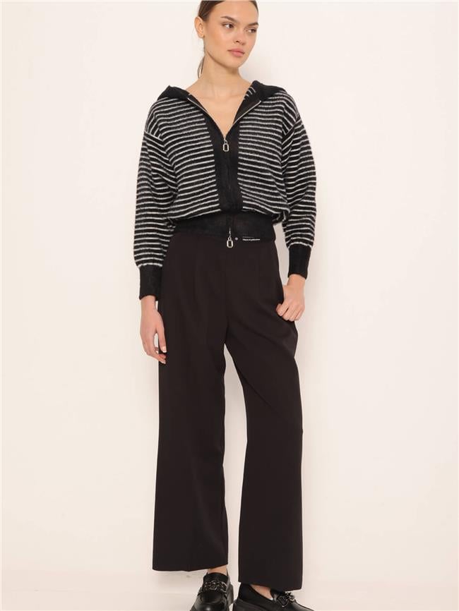 Kapüşonlu Fermuarlı Çizgili Hırka Siyah - Vanilya