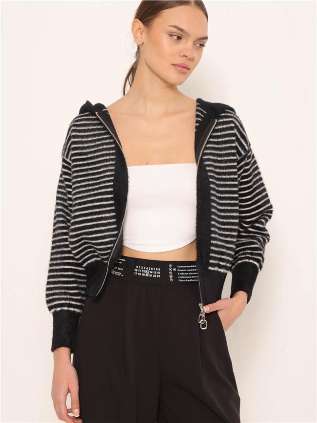 Kapüşonlu Fermuarlı Çizgili Hırka Siyah - Vanilya