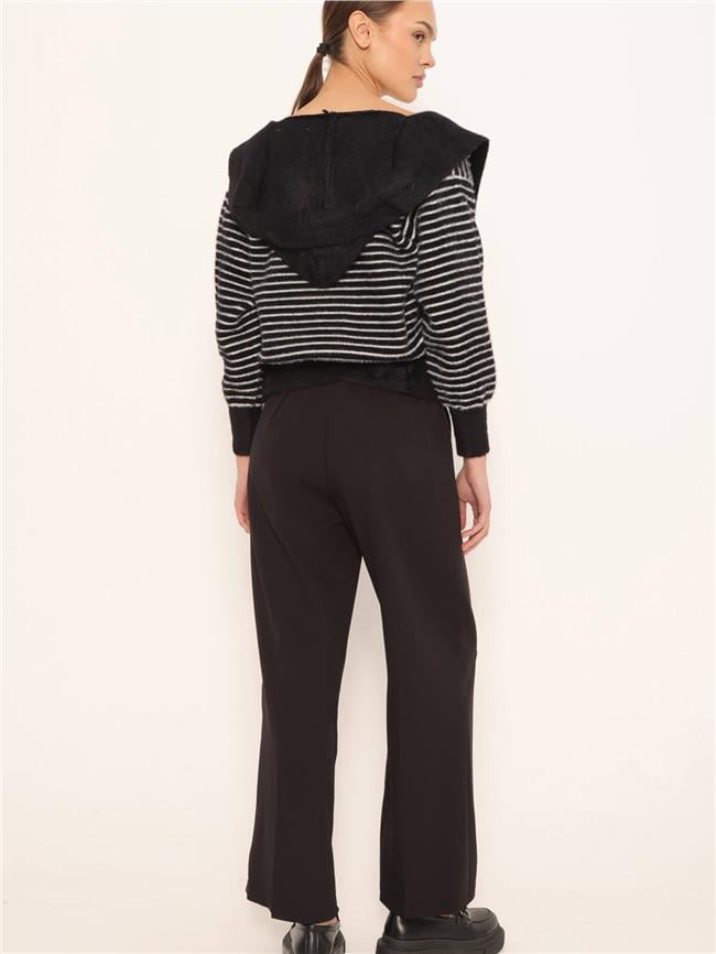 Kapüşonlu Fermuarlı Çizgili Hırka Siyah - Vanilya