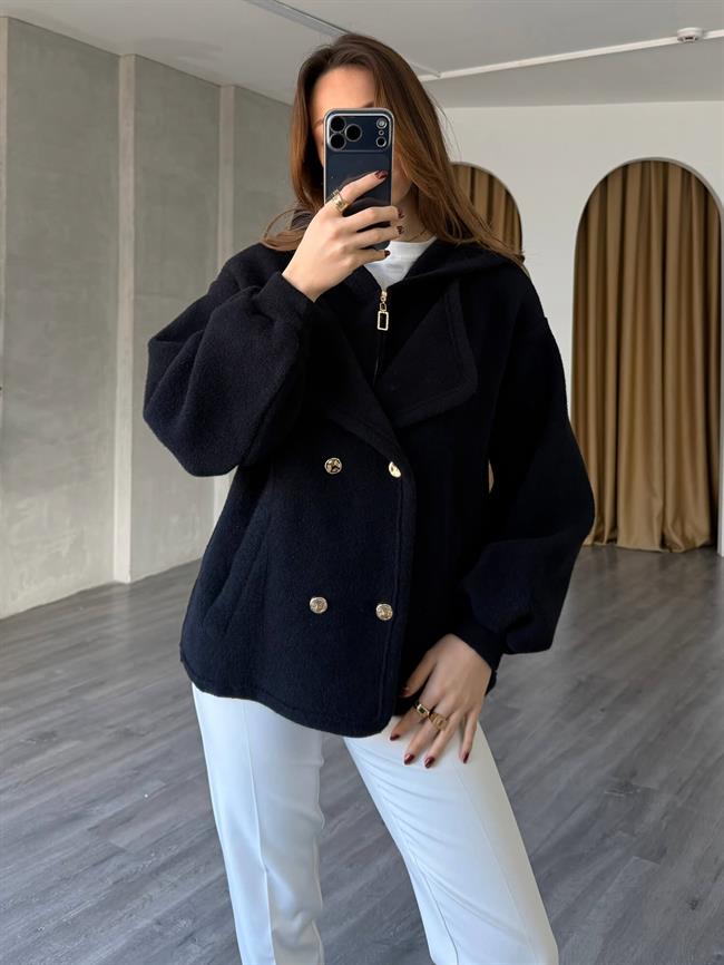 Kapüşonlu Kruvaze Yumoş Hırka 140405 Siyah