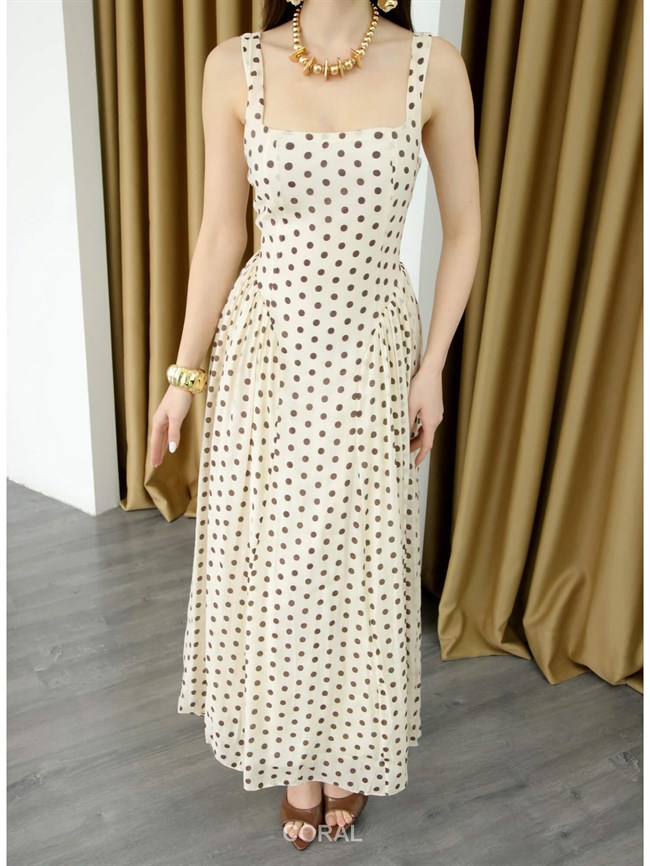 Kare Yaka Midi Puantiyeli Elbise 111715 Bej