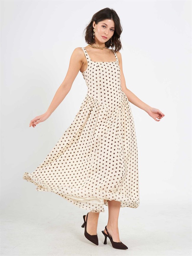 Kare Yaka Midi Puantiyeli Elbise 111715 Bej
