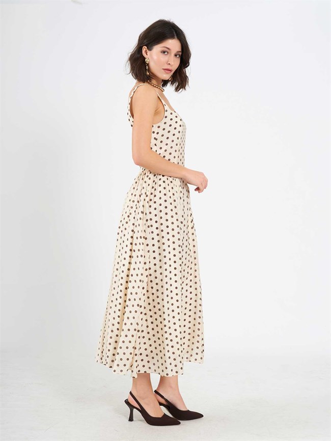 Kare Yaka Midi Puantiyeli Elbise 111715 Bej