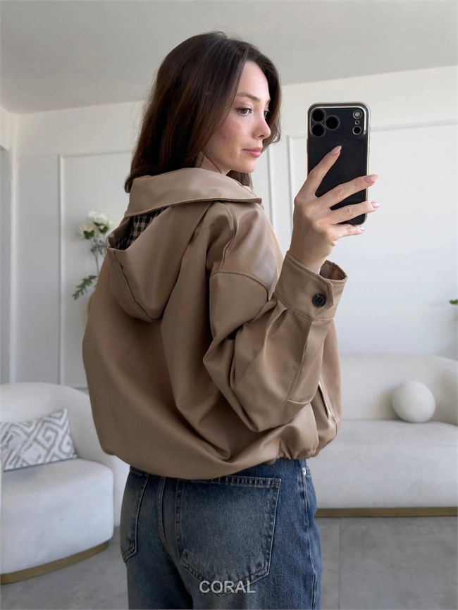 Kareli Astarlı Kapüşonlu Ceket 38218 Camel