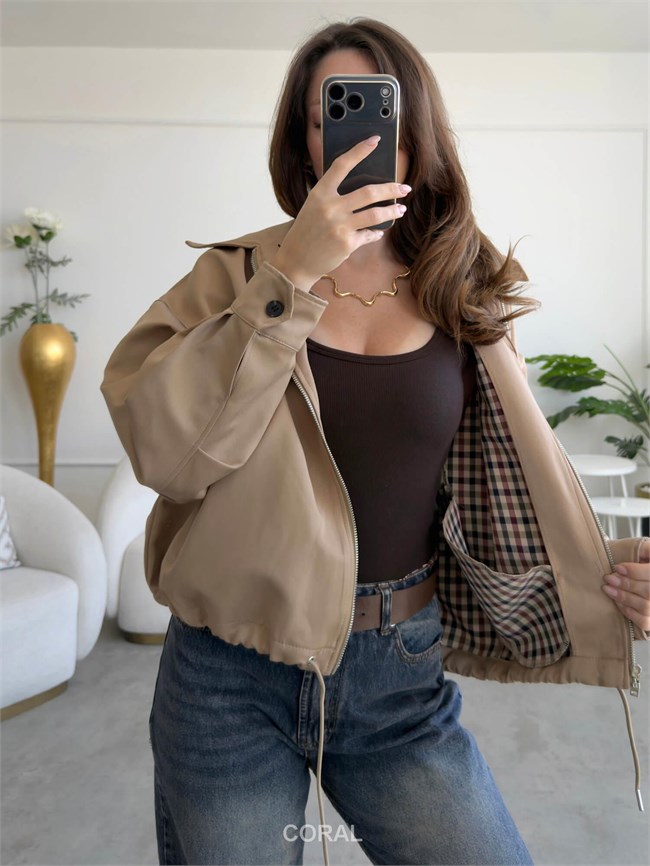 Kareli Astarlı Kapüşonlu Ceket 38218 Camel
