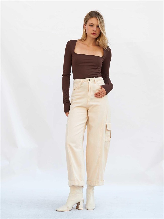 Kargo Cepli Gabardin Pantolon 031724 Krem