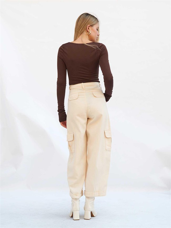 Kargo Cepli Gabardin Pantolon 031724 Krem