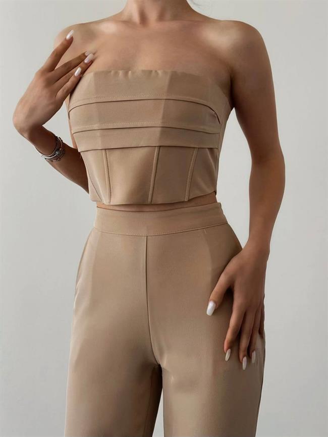 Katlı Straplez Büstiyerli Takım 11722 Bej