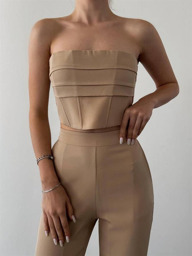 Katlı Straplez Büstiyerli Takım 11722 Bej