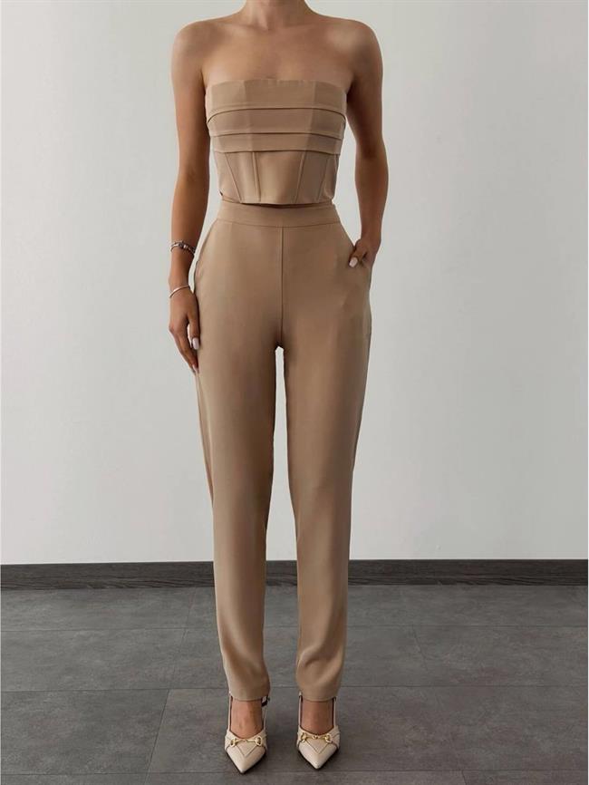Katlı Straplez Büstiyerli Takım 11722 Bej