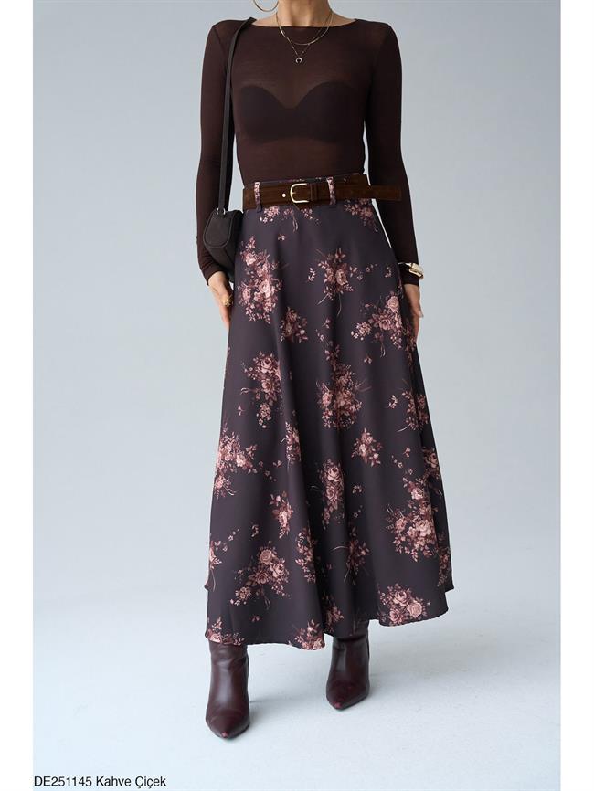 Kemerli Çiçekli Etek De251145 Kahve