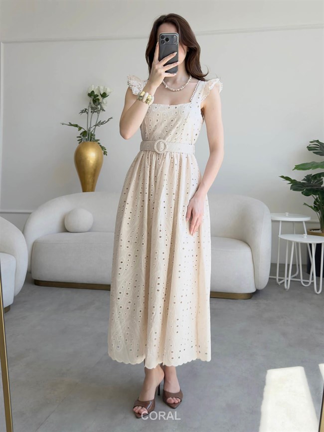 Kemerli Dantelli Brodeli Elbise 9079 Ekru