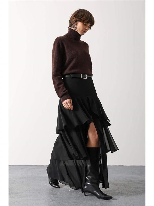 Kemerli Fırfırlı Katlı Etek 37219 Siyah