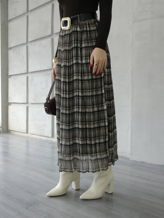 Kemerli Kraslı Ekose Etek 17735 Bej