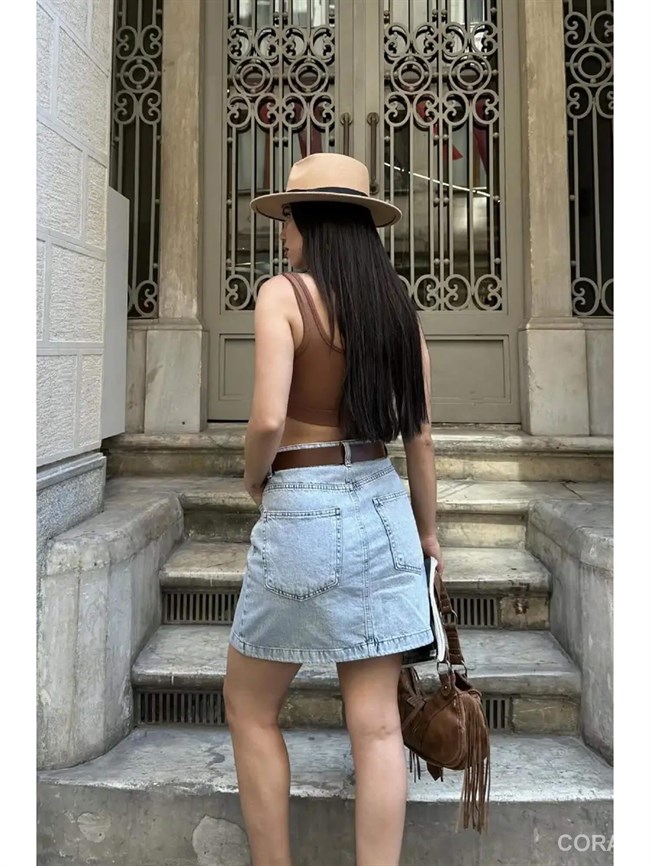 Kemerli Mini Kot Etek 1046 Mavi