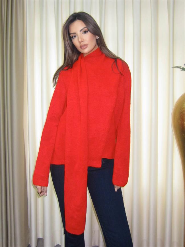 Kendinden Şallı Kazak Tk241240 Kırmızı