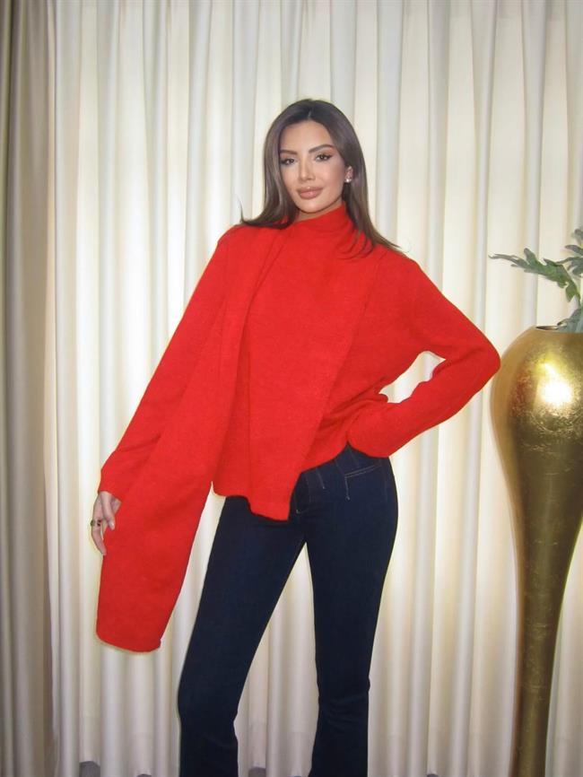 Kendinden Şallı Kazak Tk241240 Kırmızı