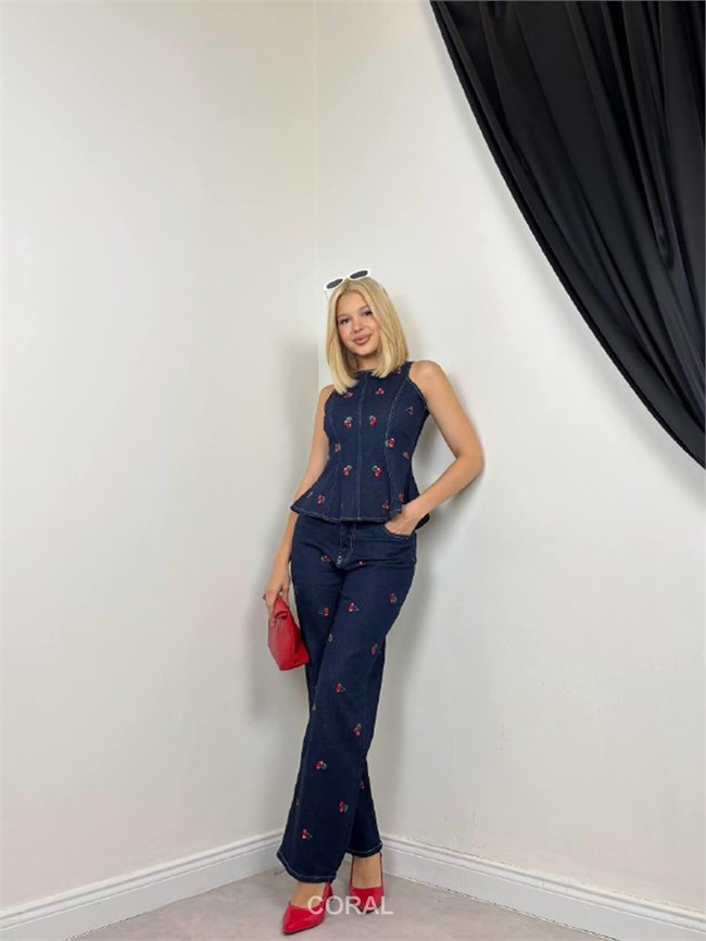 Kirazlı Bluz Pantolon Takım 30144 Lacivert