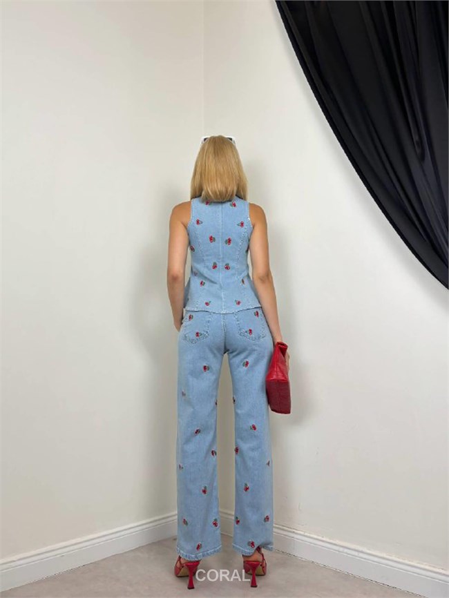Kirazlı Bluz Pantolon Takım 30144 Mavi