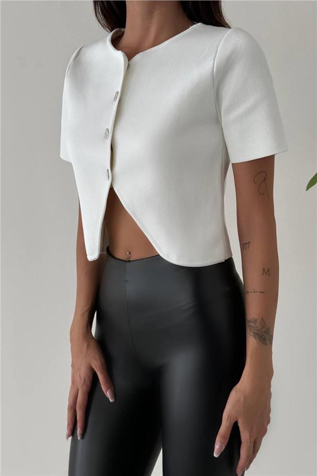 Kısa Kol Dört Düğmeli Biyeli Hırka Ekru