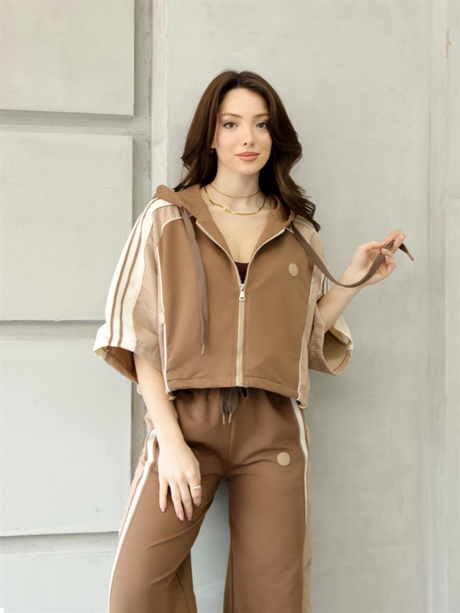 Kısa Kol Sweatshirtlü Garnili Takım 4707 Kahve
