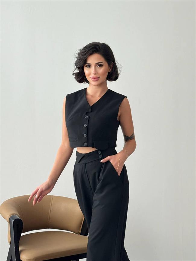 Kısa Yelek Pantolon Takım 6042 Siyah