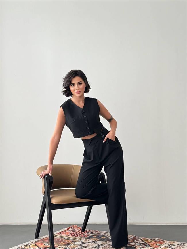 Kısa Yelek Pantolon Takım 6042 Siyah