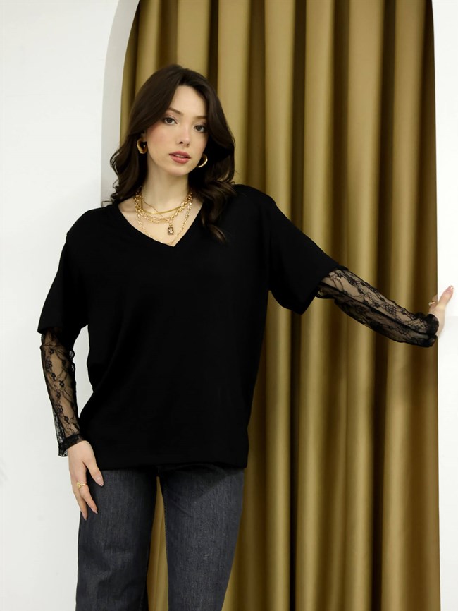 Kolları Dantelli V Yaka Vatkalı Tişört 1071 Siyah