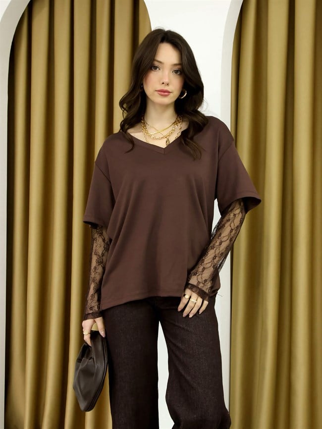 Kolları Dantelli V Yaka Vatkalı Tişört 1071 Kahve