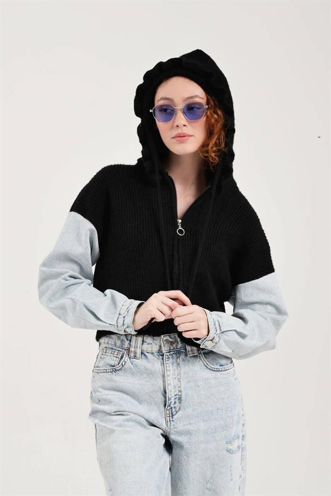 Kolları Kotlu Fermuarlı Kapüşonlu Hırka Siyah